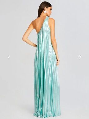 Retrofete One-Shoulder Metallic Aqua Gown